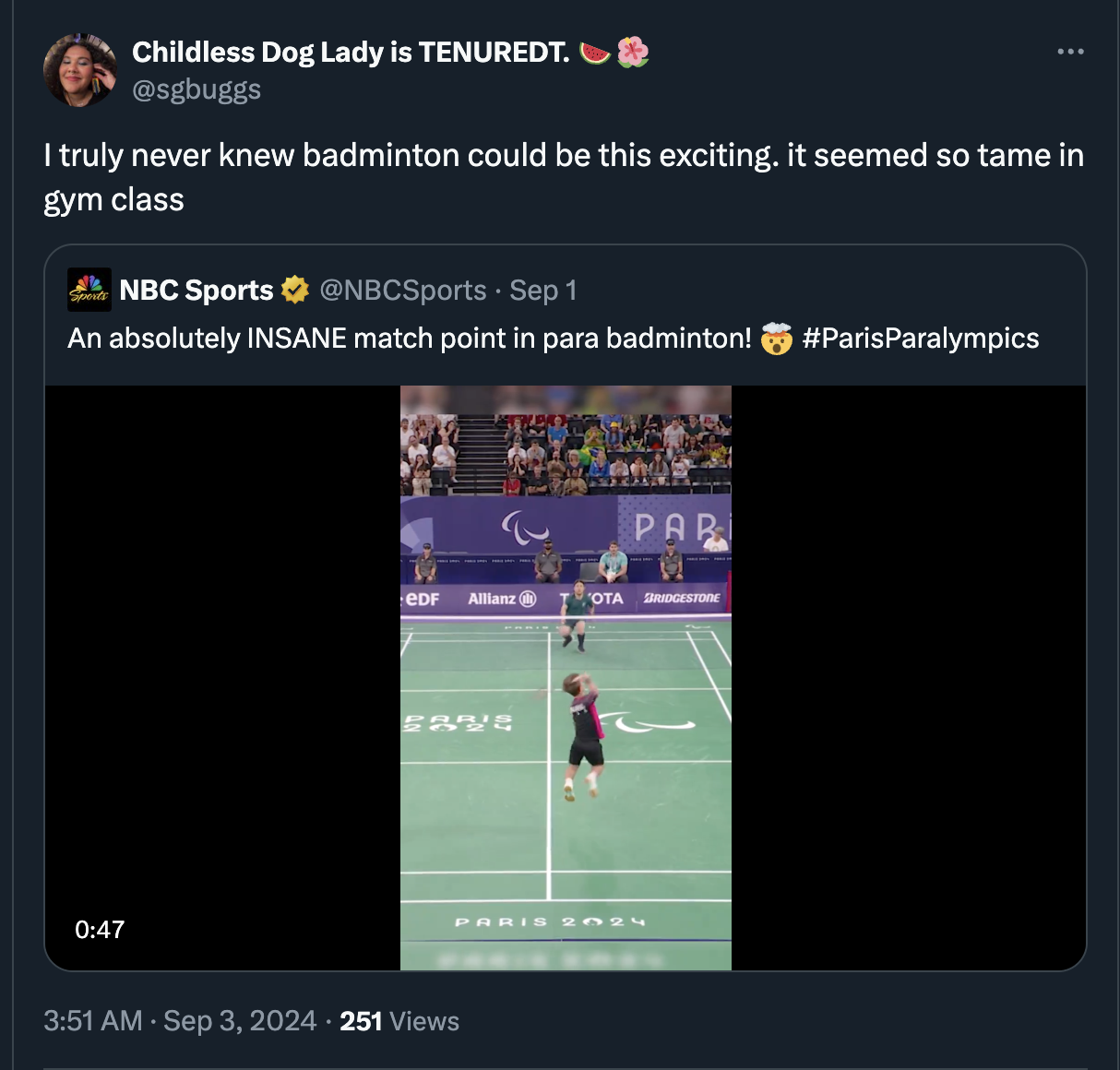 screenshot - Childless Dog Lady is Tenuredt. I truly never knew badminton could be this exciting. it seemed so tame in gym class Nbc Sports NBCSports Sep 1 An absolutely Insane match point in para badminton! eDF Allianz Ota 251 Views Paris Rary Par